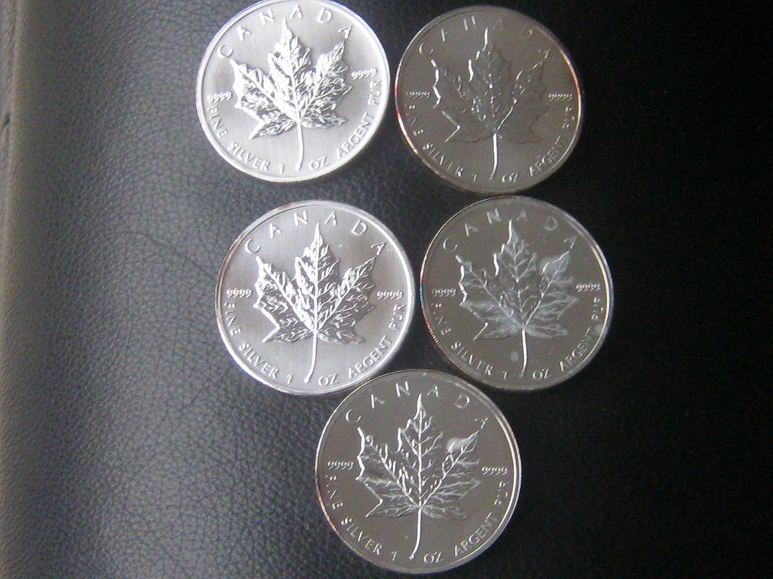  5 x 1 Unze Silber Kanada 2011; 5 Dollars - Elizabeth II.; 31,1 Gramm Silber pro Münze   