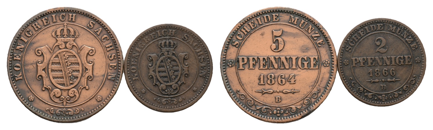  Sachsen; 2 Kleinmünzen 1864 / 1866   