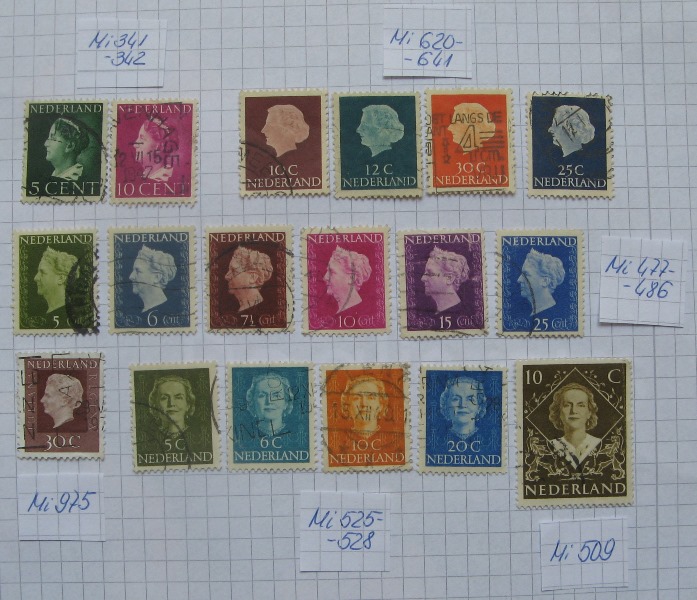  1940-1972, Netherlands, thematic set of 18 stamps: Queen Wilhelmina, Queen Juliana   