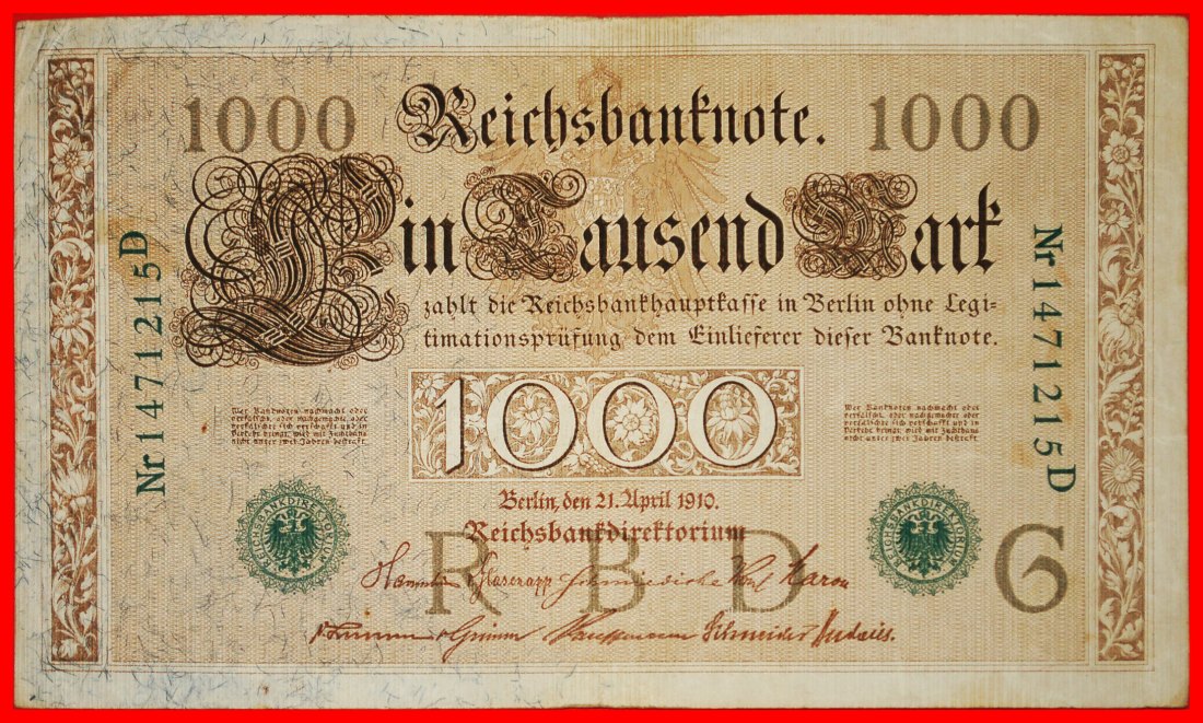  Ⰶ REICHSBANKNOTE: GERMANY ★ 1000 MARK 1910 GREEN SEAL (1918-1923)! LOW START ★ NO RESERVE!   