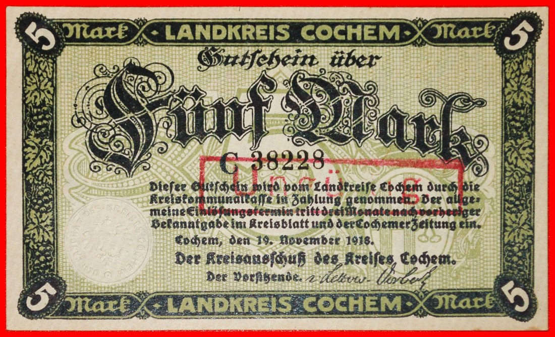  Ⰶ RHINE: GERMANY COCHEM ★ 5 MARKS 1918 CRISP UNCOMMON!★LOW START ★ NO RESERVE!   