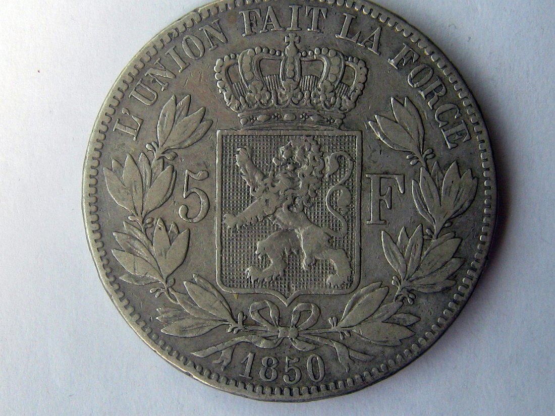  Belgien 5 Francs - Léopold I. 1850; 900er Silber, 25 Gramm (Feingewicht 22,45 g), sehr schön +   