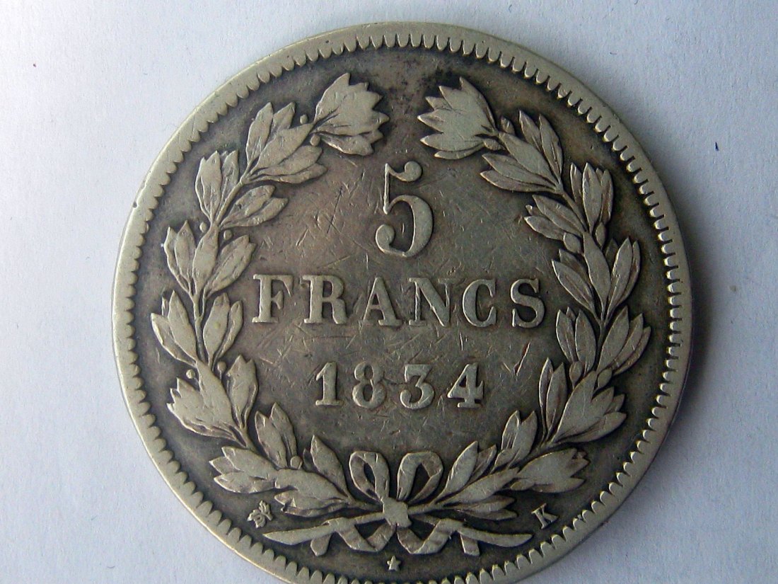  5 Francs - Louis-Philippe I 1834;Bordeaux; 900er Silber, 25 Gramm (Feingewicht 22,08 g)   