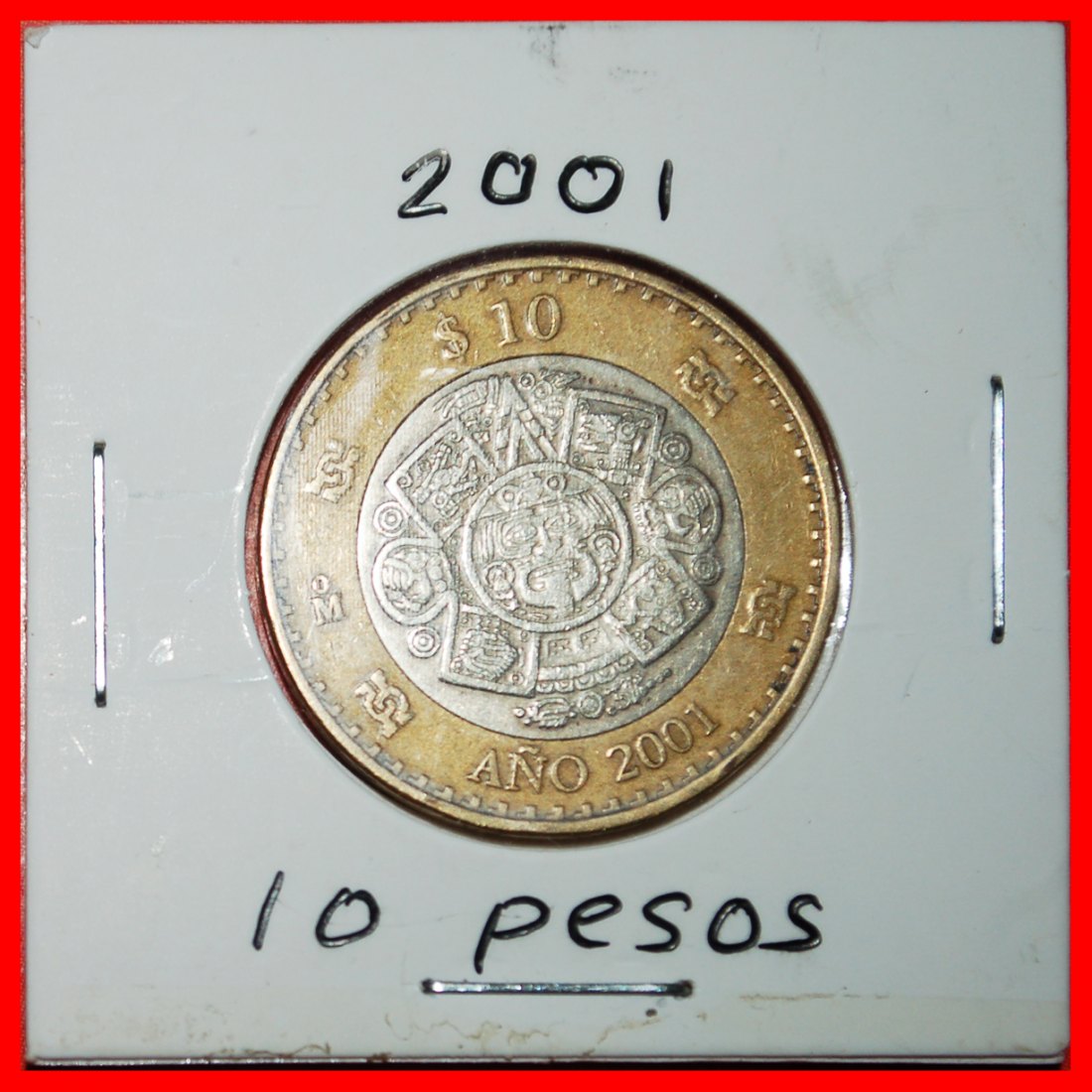  Ⰶ SUN STONE 2000-2001: MEXICO★10 PESOS 2001 MASK! MILLENNIUM UNCOMMON HOLDER★LOW START ★ NO RESERVE!   