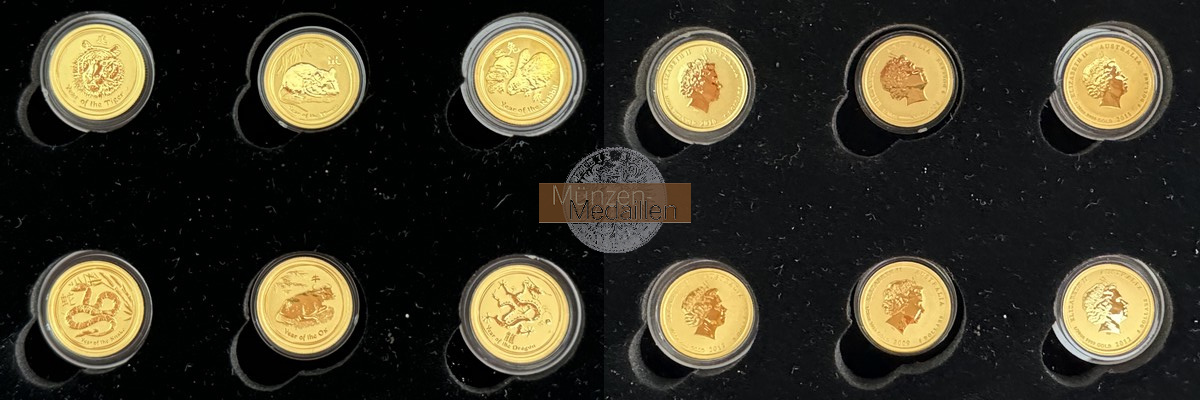 Australien 6 x 5 Dollar MM-Frankfurt Feingewicht: 6 x 1,56 zus. 9,36g Gold Lunar II Serie der 1/20 Unzen 2008 - 2013 