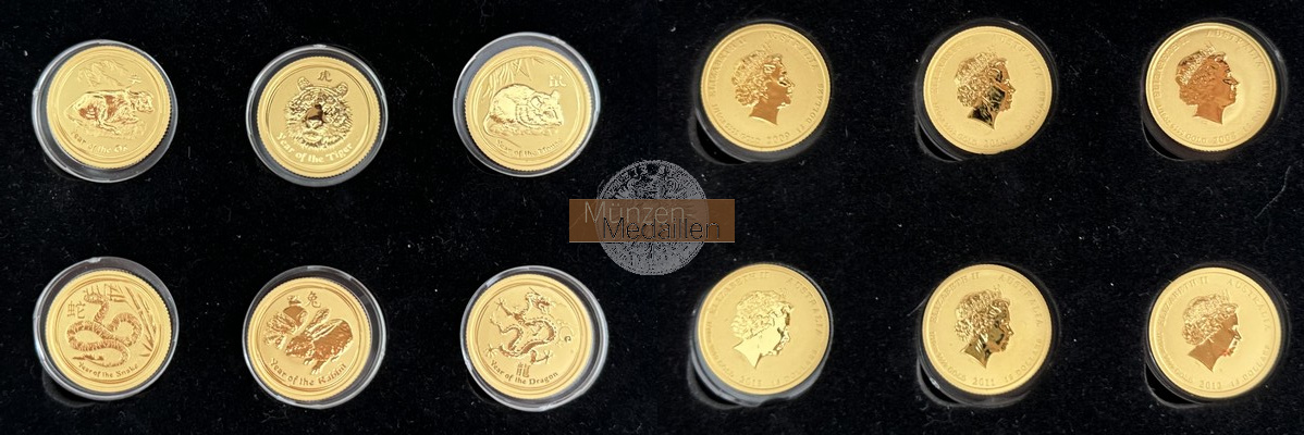 Australien 6 x 15 Dollar MM-Frankfurt Feingewicht: 6 x 3,11 zus. 18,66g Gold Lunar II Serie der 1/10 Unzen 2008 - 2013 