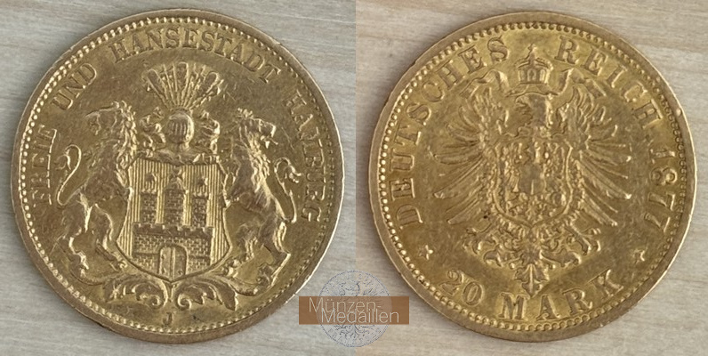 Deutsches Kaiserreich. Hamburg 20 Mark MM-Frankfurt Feingold: 7,17g  1877 J 