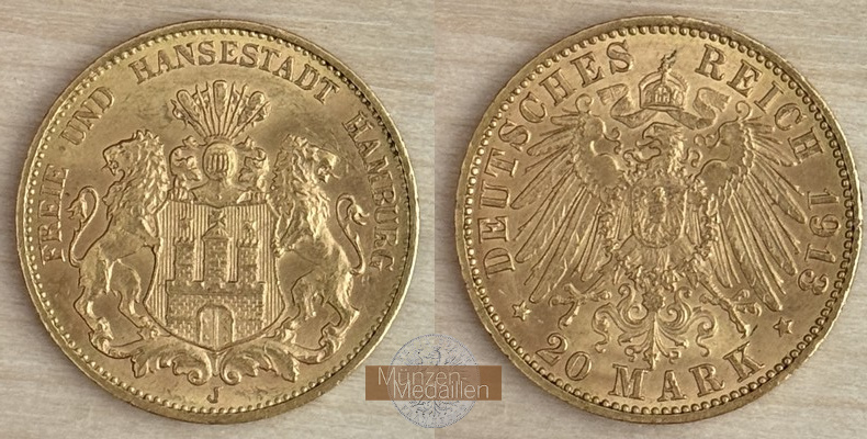 Deutsches Kaiserreich. Hamburg 20 Mark MM-Frankfurt Feingold: 7,17g  1913 J 