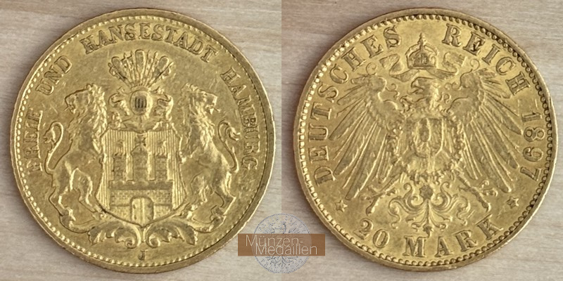 Deutsches Kaiserreich. Hamburg 20 Mark MM-Frankfurt Feingold: 7,17g  1897 J 