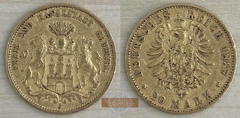 Deutsches Kaiserreich. Hamburg 20 Mark MM-Frankfurt Feingold: 7,17g  1887 J 