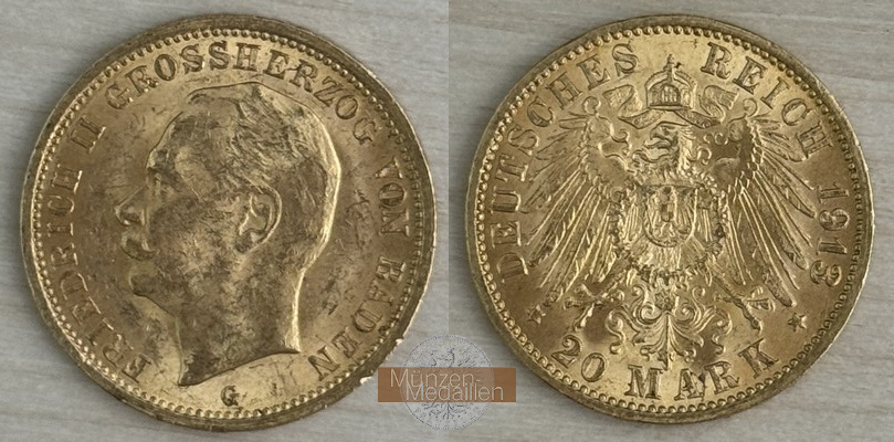 Deutsches Kaiserreich, Baden. MM-Frankfurt Feingewicht: 7,17g Gold 20 Mark 1913 G 