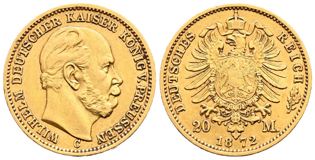 PEUS 2046 Kaiserreich - Preußen 7,16 g Feingold. Wilhelm I. (1861 - 1888) 20 Mark GOLD 1872 C Frankfurt Sehr schön