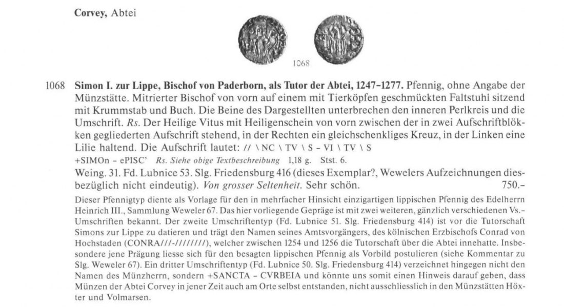  Corvey Abtei Pfennig (Denar) 1254-1256 evtl Münzstätte Höxter oder Volkmarsen Slg. Weweler Nr 1068   