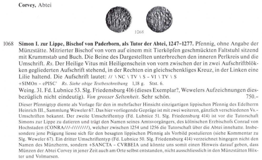  Corvey Abtei Pfennig (Denar) 1254-1256 evtl Münzstätte Höxter oder Volkmarsen Slg. Weweler Nr 1068   