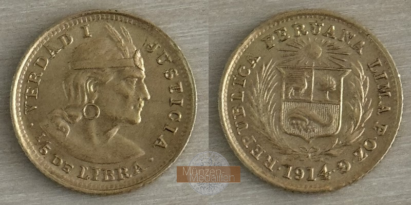 Peru MM-Frankfurt Feingold: 1,46g 1/5 Libra 1914 