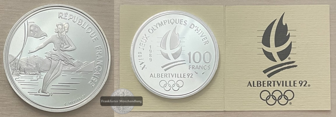  Frankreich  100 Francs  1989 Olympische Spiele  Albertville 1992   FM-Frankfurt Feinsilber: 19,98g   