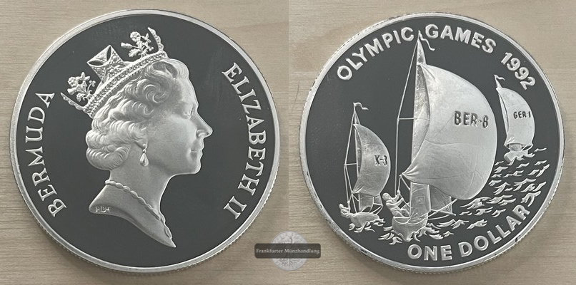  Bermuda.   1 Dollar  1992  XXV. Olympische Sommerspiele - Segeln  FM-Frankfurt  Feinsilber: 29,11g   