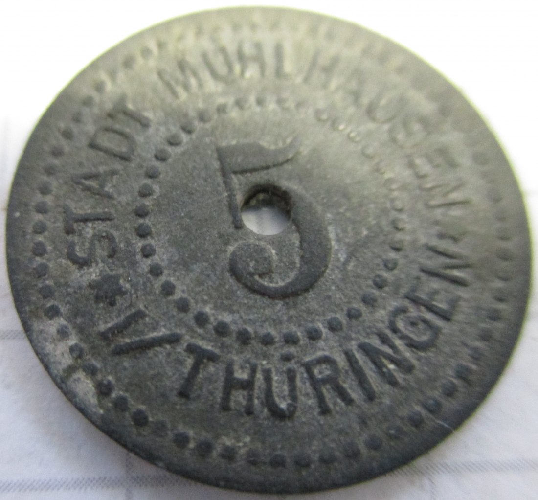  Kleingeldersatzmarke Stadt Mühlhausen - 1917 - 5 Pfennig -  aus dem Umlauf   