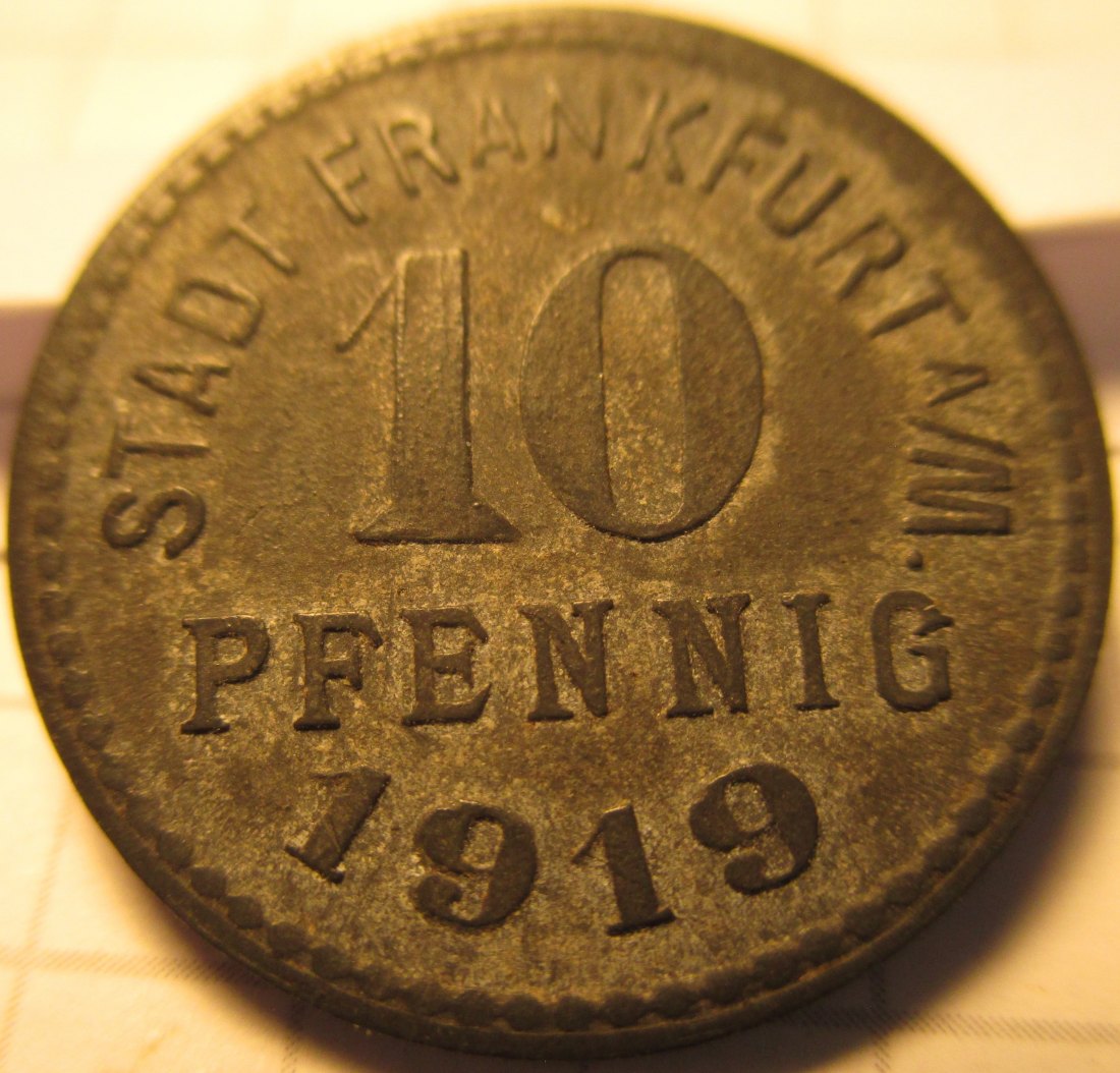  Kleingeldersatzmünze Stadt Frankfurt - 1919 - 10 Pfennig -  aus dem Umlauf   