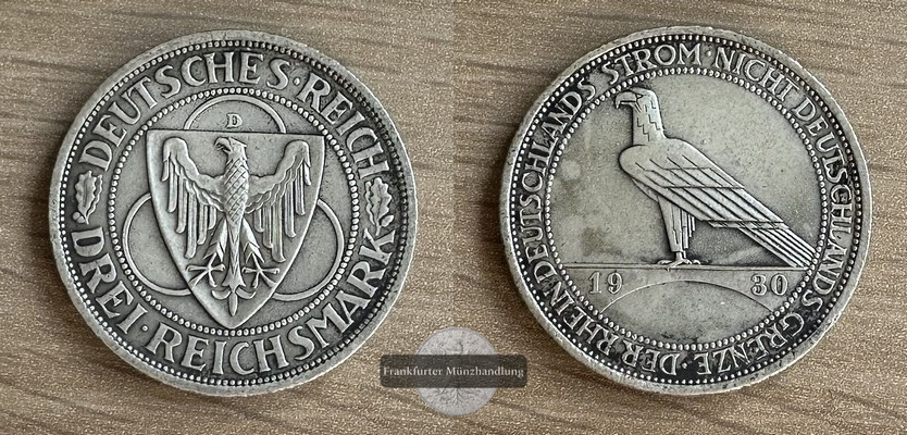  Deutschland, 3 Reichsmark 1930 D  FM-Frankfurt Feinsilber:7,5g   