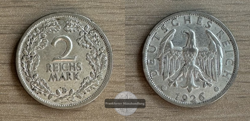  Deutschland 2 Reichsmark 1926,  FM-Frankfurt  Feinsilber: 5g   