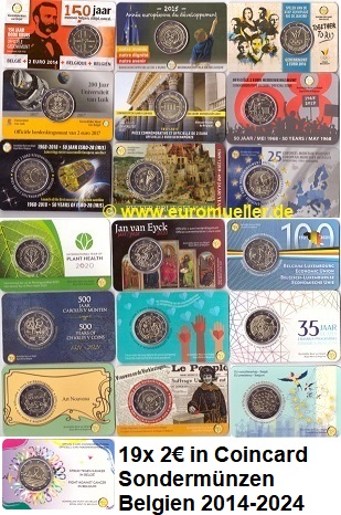 Belgien 19x 2 Euro Sondermünze 2014 - 2024...bu. in nl. Coincards   