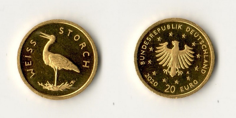 BRD,  20 Euro MM-Frankfurt Feingold: 3,89g Weißstorch 2020 A 