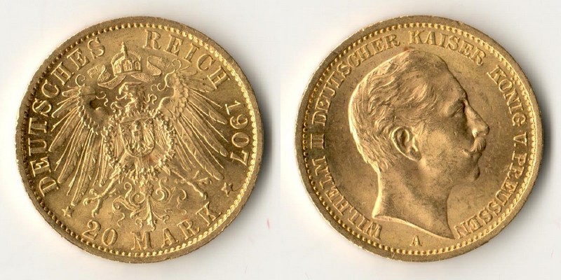 Preussen, Königreich MM-Frankfurt Feingewicht: 7,17g Gold 20 Mark 1907 A 