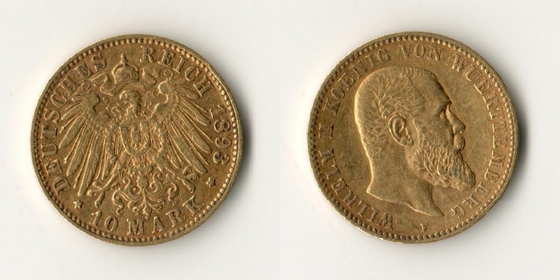 Deutsches Kaiserreich, Württemberg MM-Frankfurt Feingold: 3,58g Wilhelm II., 10 Mark 1893 F 