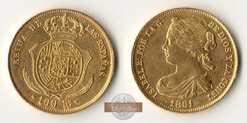 Spanien MM-Frankfurt Feingold: 7,50g 100 Reales 1861 