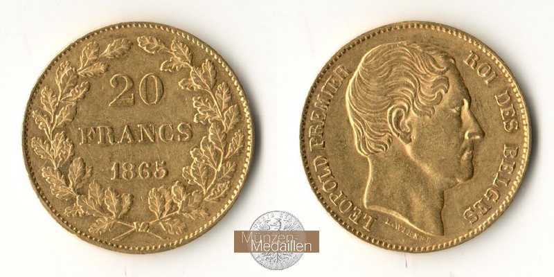 Belgien  20 Francs MM-Frankfurt Feingold: 5,81g Leopold I. (1832-1865) 1865 