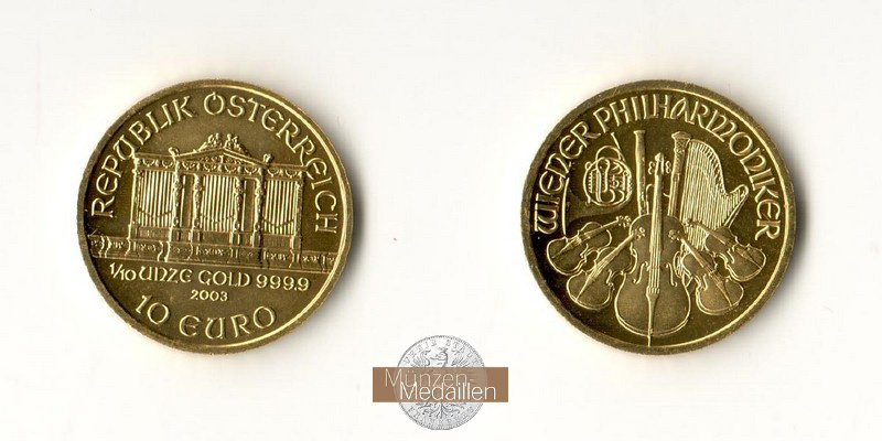 Österreich  10 Euro  2003 MM-Frankfurt Feingold: 3,11g Vienna Philharmonic  