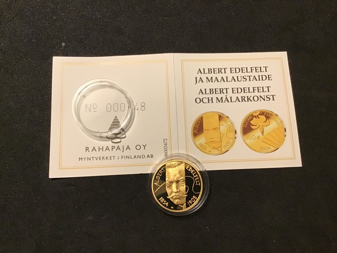  Finland 100 Euro 2004 Albert Edelfelt proof gold coa   