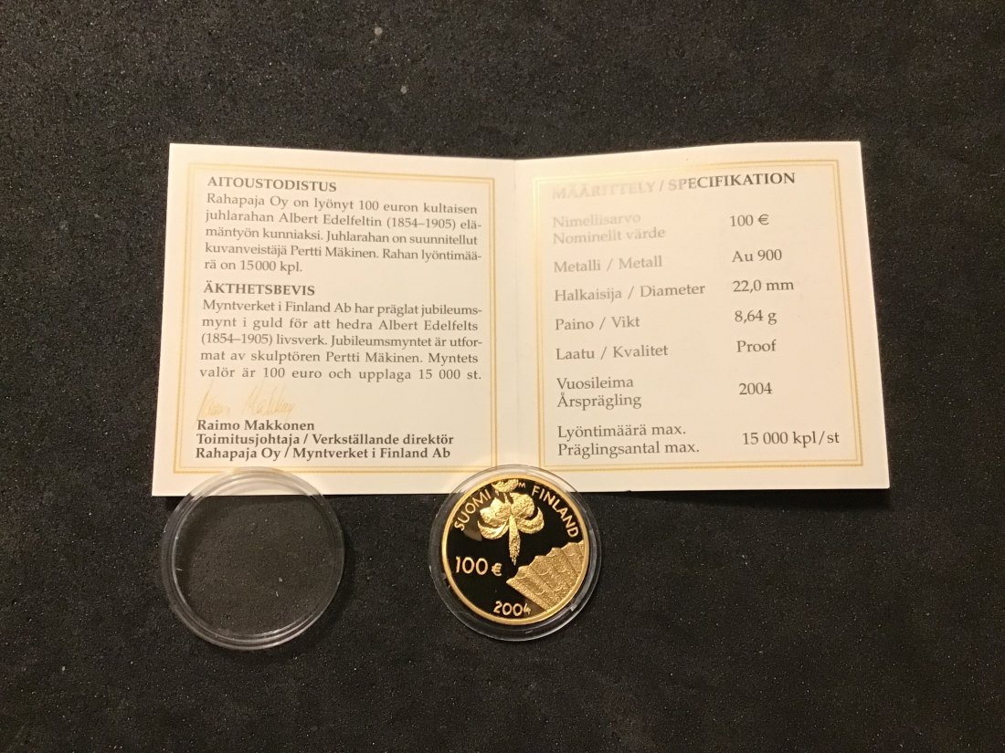  Finland 100 Euro 2004 Albert Edelfelt proof gold coa   