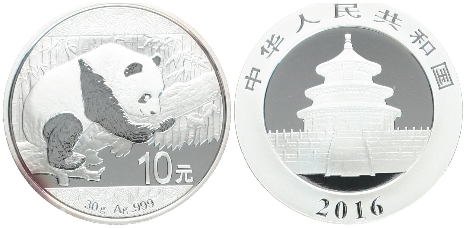  China: 10 Yuan 2016, Panda, 1 Unze Feinsilber, 31,1 Gramm, pp   