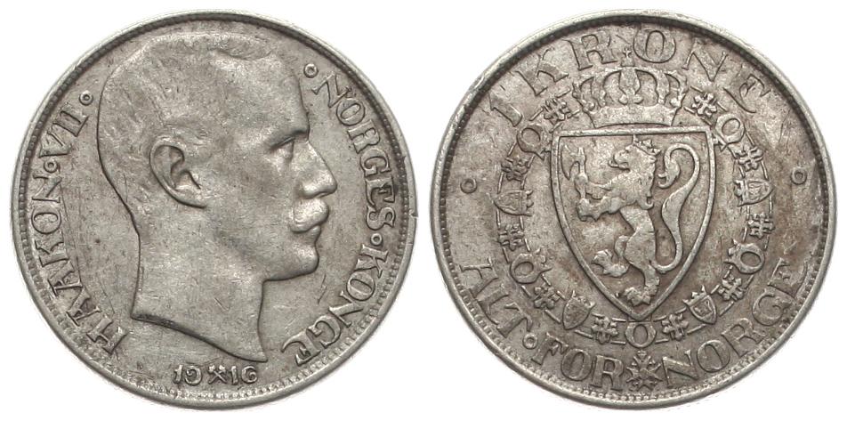  Norwegen: Håkon VII., 1 Krone 1916, 7,5 gr. 800 er Silber, schöne Patina   