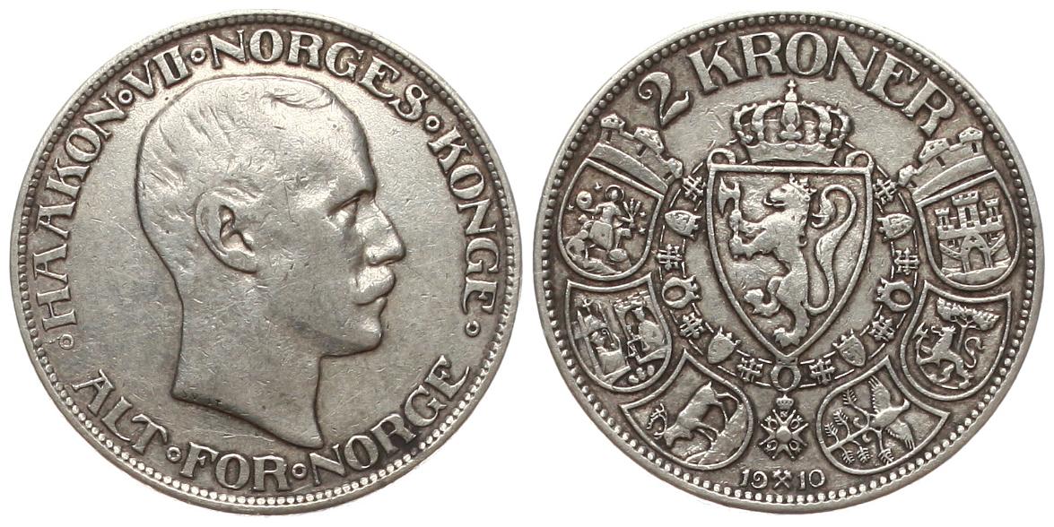  Norwegen: Håkon VII., 2 Kroner 1910, 15 gr. 800 er Silber, siehe Bilder!!   