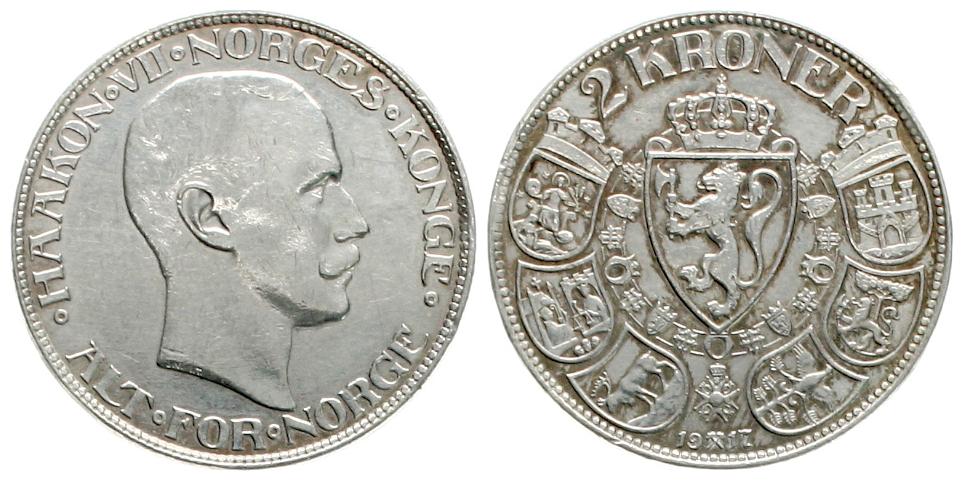  Norwegen: Håkon VII., 2 Kroner 1917, 15 gr. 800 er Silber mit schöner Patina, siehe Bilder!!   