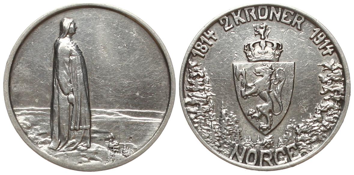  Norwegen: Håkon VII., 2 Kroner 1914. zum 100 jährigen jubil. der Verfassung, Silber, schöne Patina!   