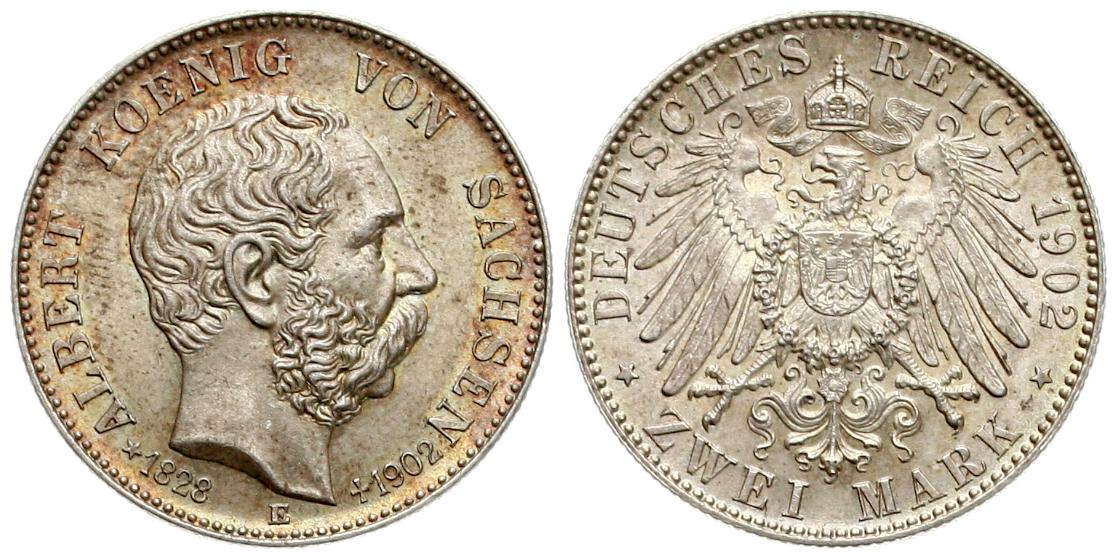  Sachsen: Albert, 2 Mark 1902 a.d. Tod, TOP-EXEMPLAR mit schöner Patina!   