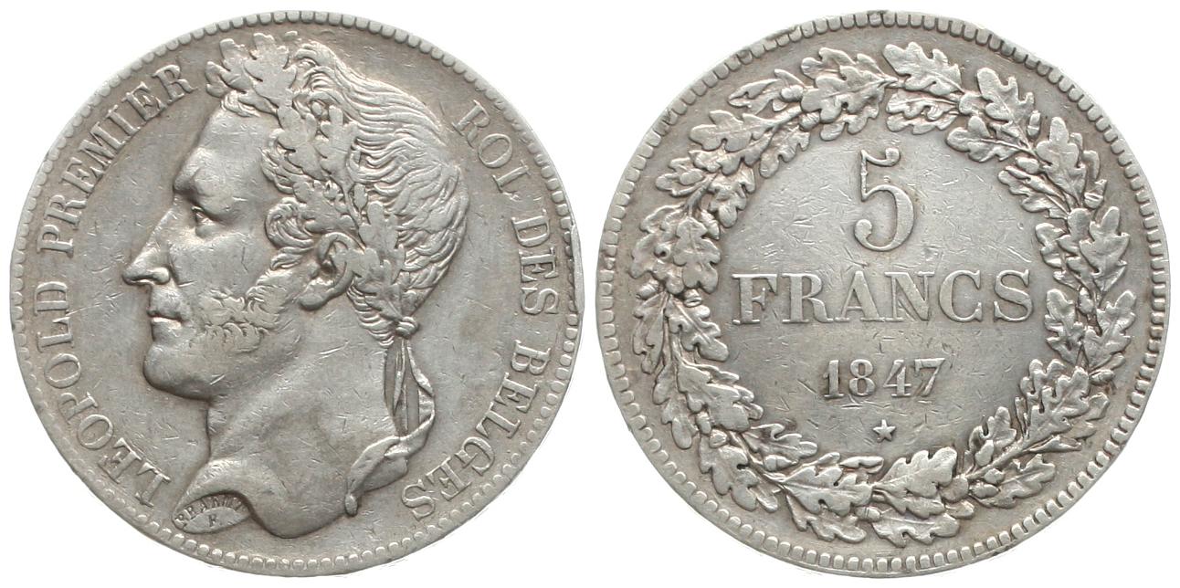  Belgien: Leopold I., 5 Francs 1847, 25 gr. 900er Silber, siehe Bilder!   