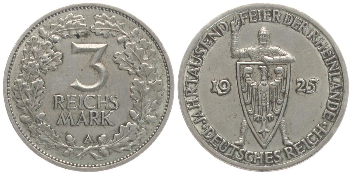  Weimarer Republik: 3 Mark 1925 A (Berlin), Rheinlandfeier, J 321   