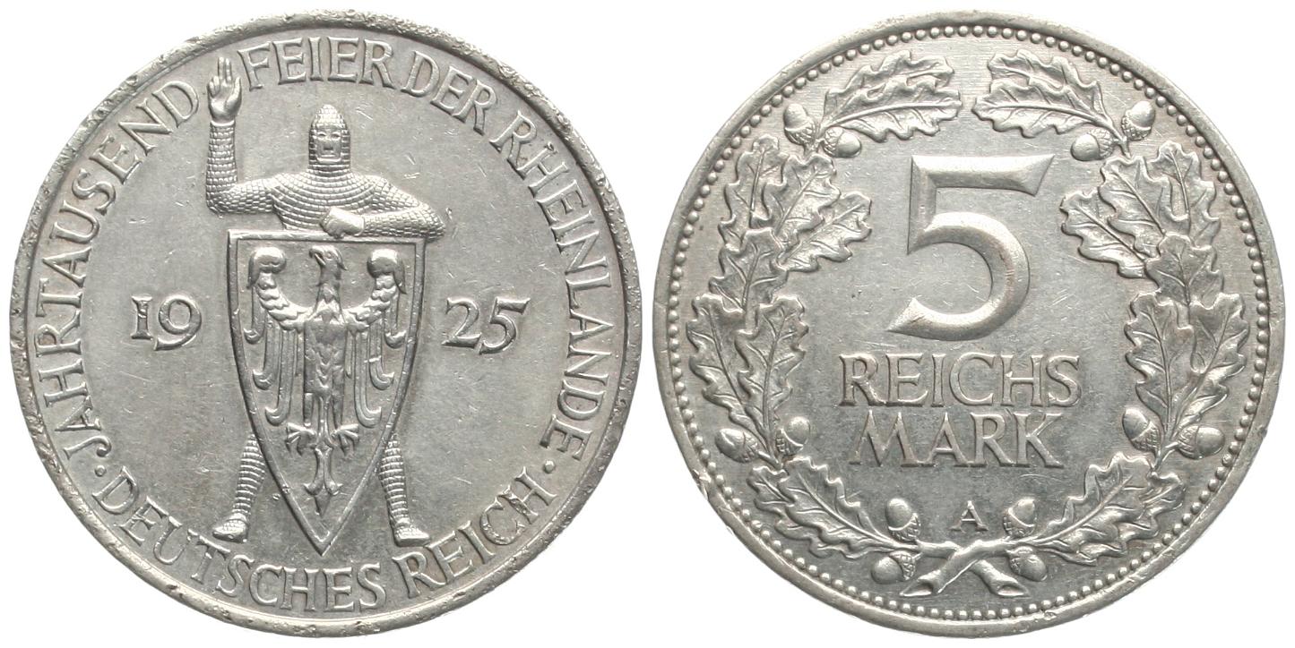  Weimarer Republik: 5 Reichsmark 1925 A, Rheinlandfeier, etwas Patina, ERHALTUNG!!   