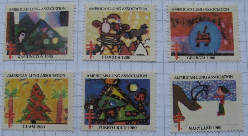  1980-The American Lung Association-Satz von 6 Stk Weinachtssiegel-Briefmarken   