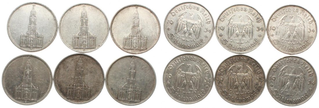  Deutschland: III. Reich, Lot von 6 x 5 Mark 1934 A,D,E,F,G,J, ganze Serie!, 75 gr. FEIN!   