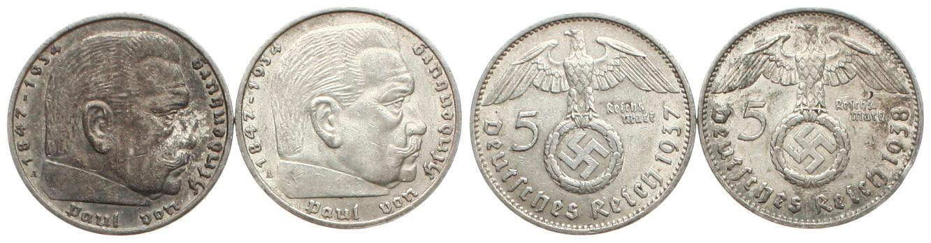  Deutschland: III. Reich, Lot von 2 x 5 Mark 1937 A und 38 A, je 13,88 gr. 900er Silber!   