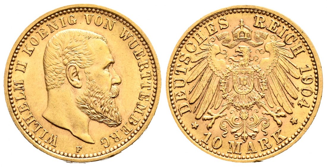 PEUS 2053 Kaiserreich - Württemberg 3,58 g Feingold. Wilhelm II. (1891 - 1918) 10 Mark GOLD 1904 F Stuttgart Fast vorzüglich