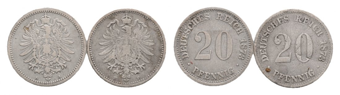  Kaiserreich; 2x 20 Pfennig 1873; verschiedene Buchstaben   