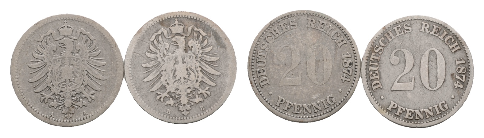  Kaiserreich; 2x 20 Pfennig 1874; verschiedene Buchstaben   