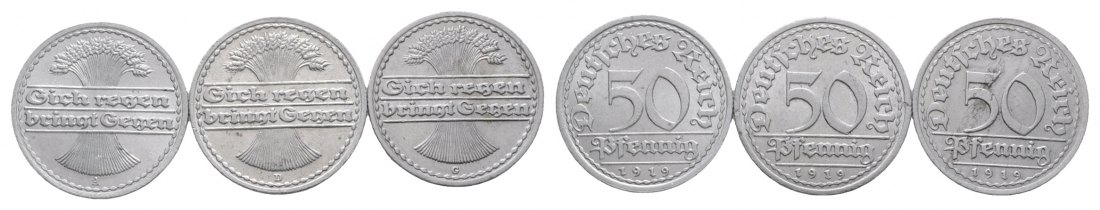  Weimarer Republik; 3x 50 Pfennig 1919; verschiedene Buchstaben   